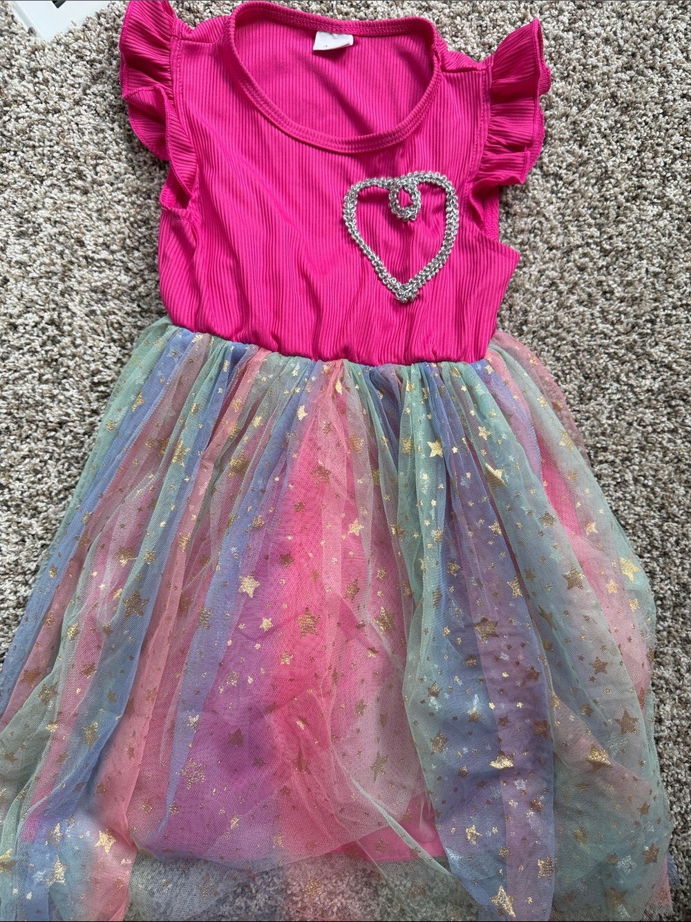 Amazon Hot Pink Ruffle Sleeve Tulle Gold Stars Dress size 5